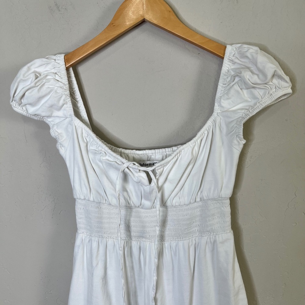 Reformation Dress Size 2 White Smocked Waist Organic Cotton Midi Milk Maid - Picture 2 of 11